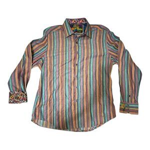 Robert Graham Shirt‎ Mens XL Multi Color Flip Cuff Striped Football Helmet